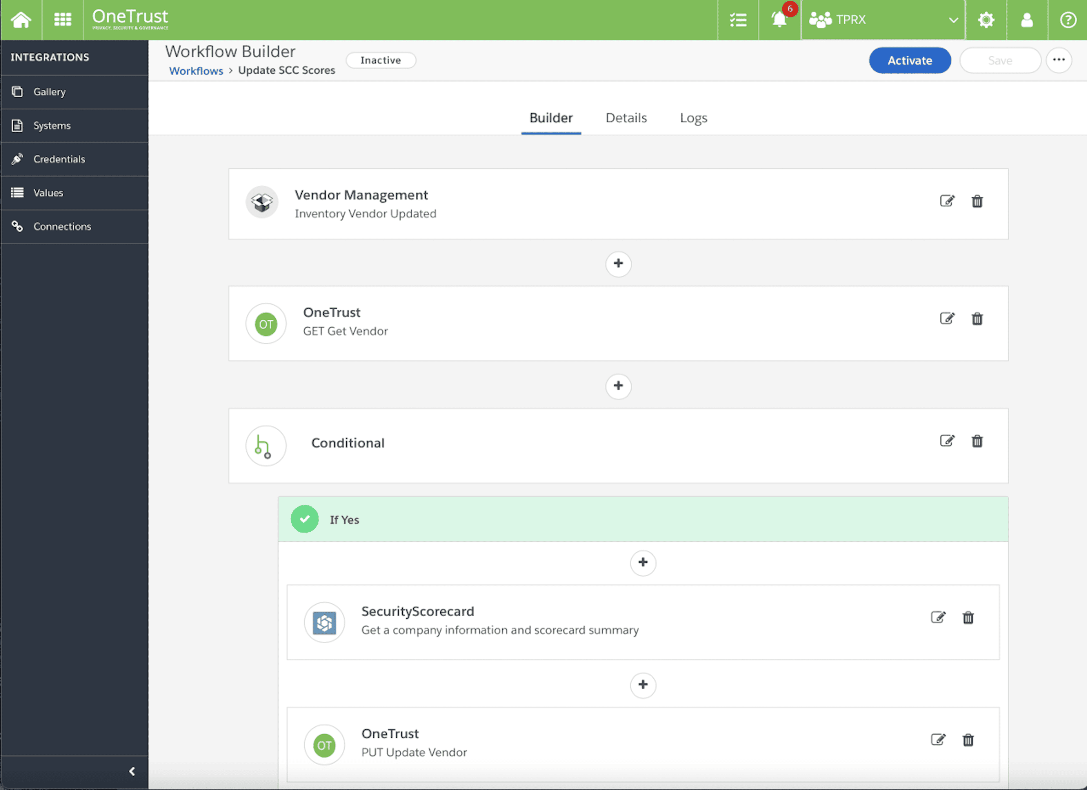 Screenshot of onetrust platform workflow builder