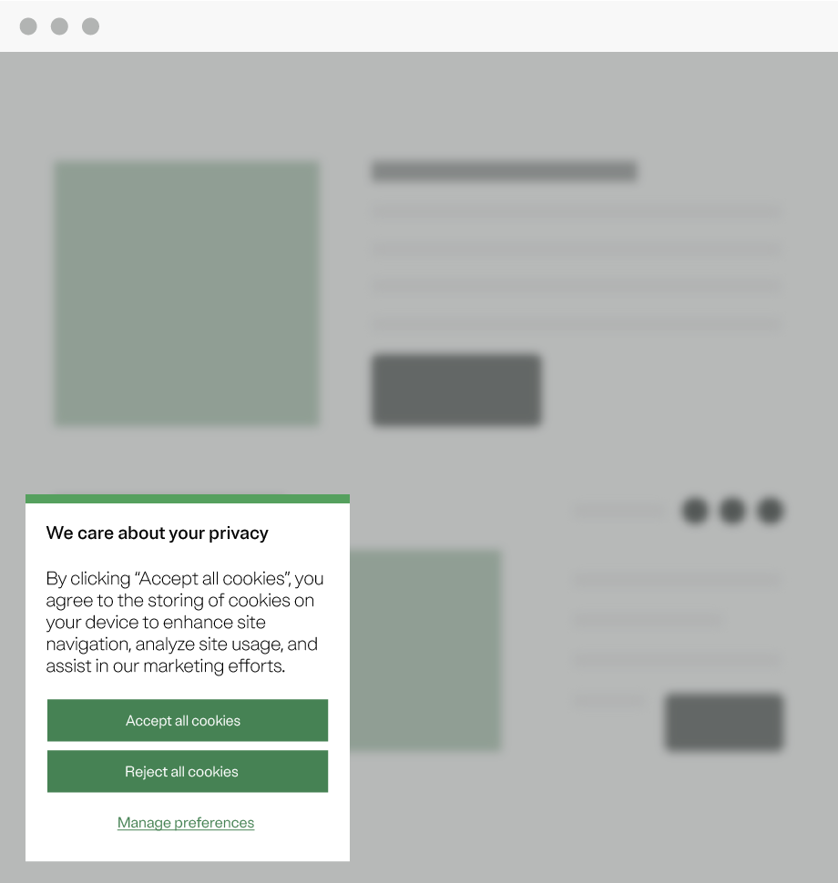 A cookie web banner with a privacy statement, a link to a preference center, and buttons that allow the user to accept or reject the cookies.